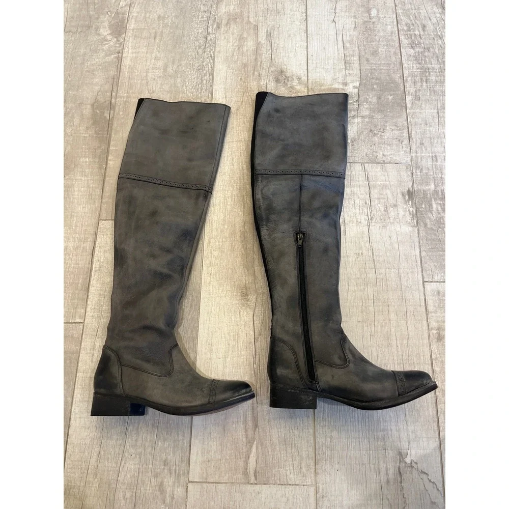 Free People Grey Leather Over The Knee Boots Cap Toe Distressed EU 37 US‎ 7